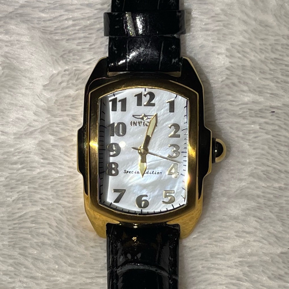 Invicta Lupah special edition mother of pearl gold watch with black leather band
